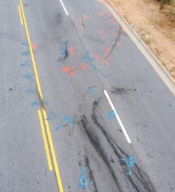 Police may mark with paint things such as skid marks, or tire tracks like these.